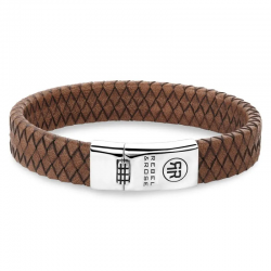 R&R Leren Armband Braided Flat Cognac - M